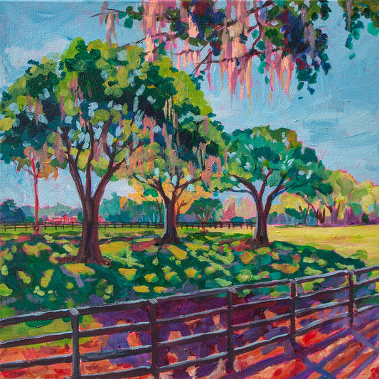 Painting of country fram with mature trees and fence