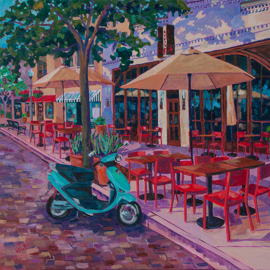 Original vibrant impressionist painting of street scene Winter Park in front of Prato restaurant during covid, so all chairs are empty, also has umbrellas and teal vespa scooter