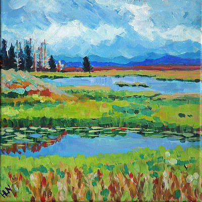 Original vibrant  impressionistic painting of some of the marsh land in Yellowstone National Park with mountains in the background