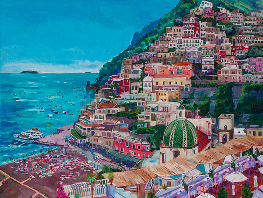 Beautiful Positano Italy on the Amalfi Coast, view of the Church, hillside and ocean in a vibrant expressive painting