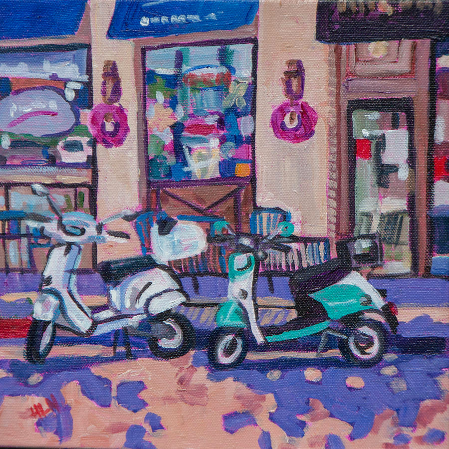 Original vibrant  impressionistic painting of two vespas in front of the chocolate store on park avenue in winter park