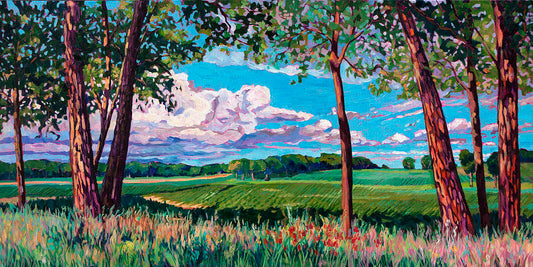 Original vibrant  impressionistic painting of Michigan farmland with trees and rolling hills and dramatic sky