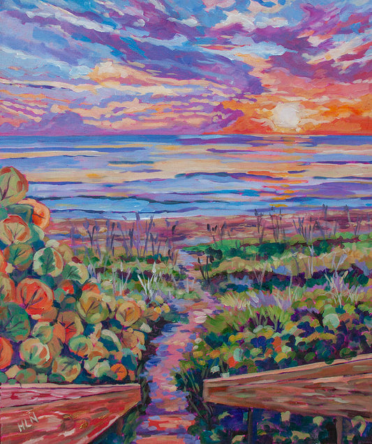 Painting of Sunrise over beach with sea grape bushes and grass, vibrant, dramatic.